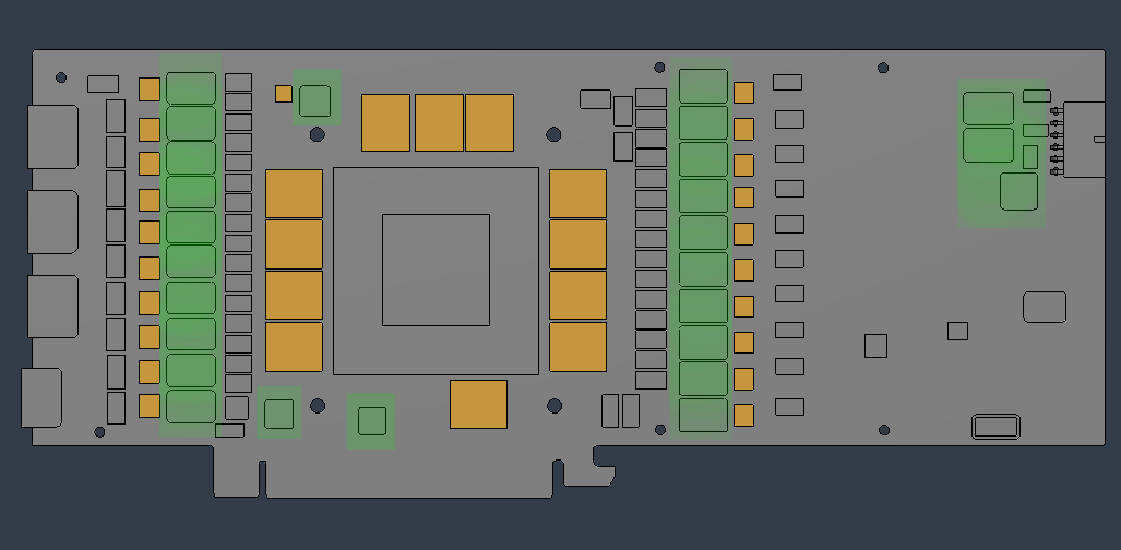 Front-side PCB contact points covered by the water block